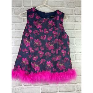 Sugar Lips Jacquard Floral Sleeveless Top With Hot Pink Feather Trim